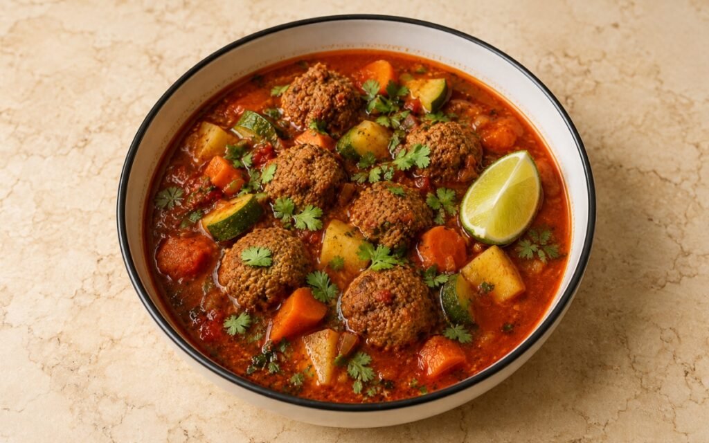 Bowl of sopa de albóndigas showing tender beef and rice meatballs in a bright red tomato broth with carrot, potato, and zucchini, topped with cilantro, on marble surface