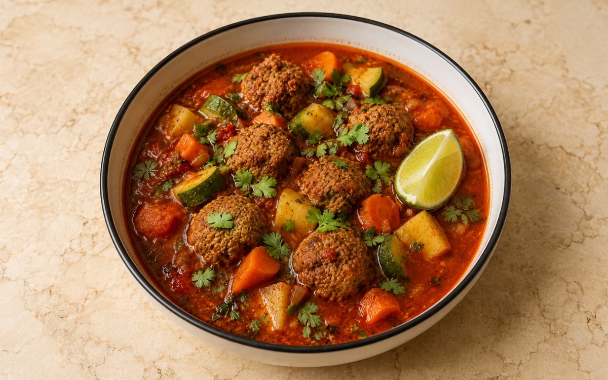 Bowl of sopa de albóndigas showing tender beef and rice meatballs in a bright red tomato broth with carrot, potato, and zucchini, topped with cilantro, on marble surface