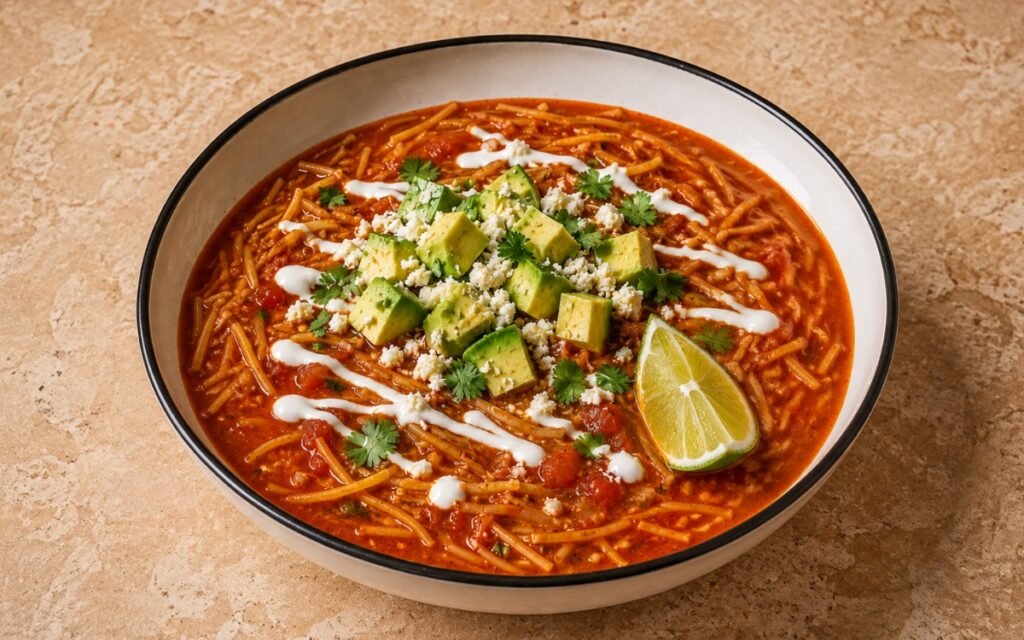 Bowl of sopa de fideo showing golden toasted noodles in a rich red tomato broth, topped with diced avocado, crema, crumbled queso fresco, and cilantro, on marble surface