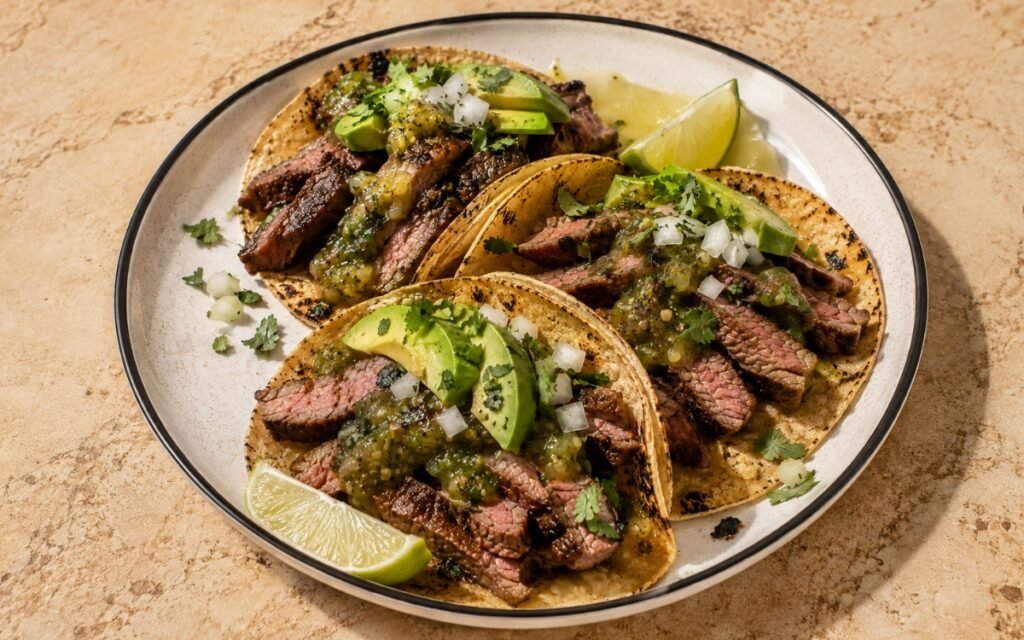 Steak tacos showing thinly sliced charred steak with salsa verde, diced onion, avocado, and cilantro in corn tortillas, on marble surface