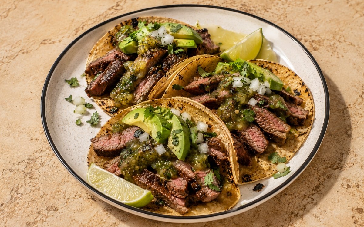 Steak tacos showing thinly sliced charred steak with salsa verde, diced onion, avocado, and cilantro in corn tortillas, on marble surface