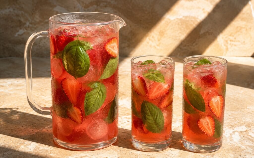 Pitcher of pink-red strawberry basil pitcher drink showing strawberry slices and basil leaves, served over ice, on marble surface