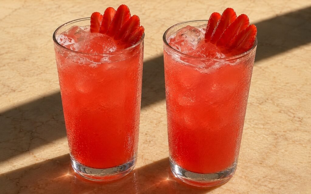 glasses of bright pink-red strawberry rhubarb lemonade with fanned strawberry slices at the rim, on marble surface
