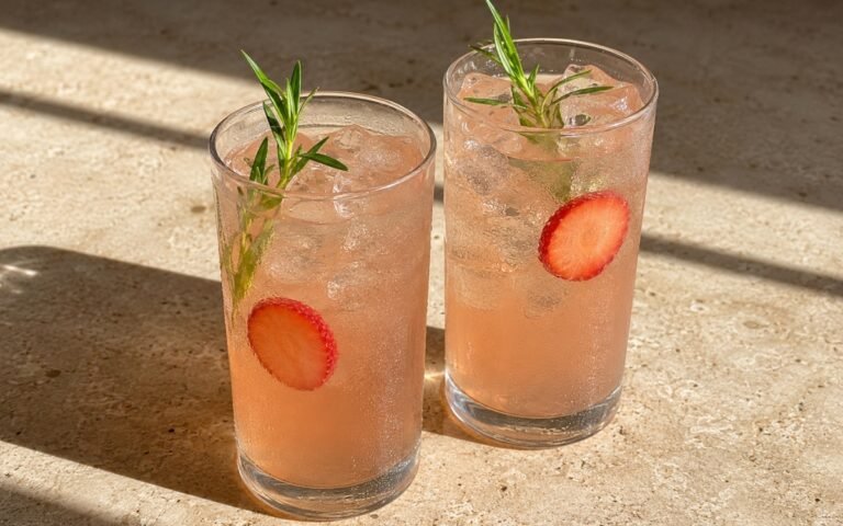glasses of strawberry tarragon white iced tea with fresh strawberry slices and tarragon sprigs, on marble surface