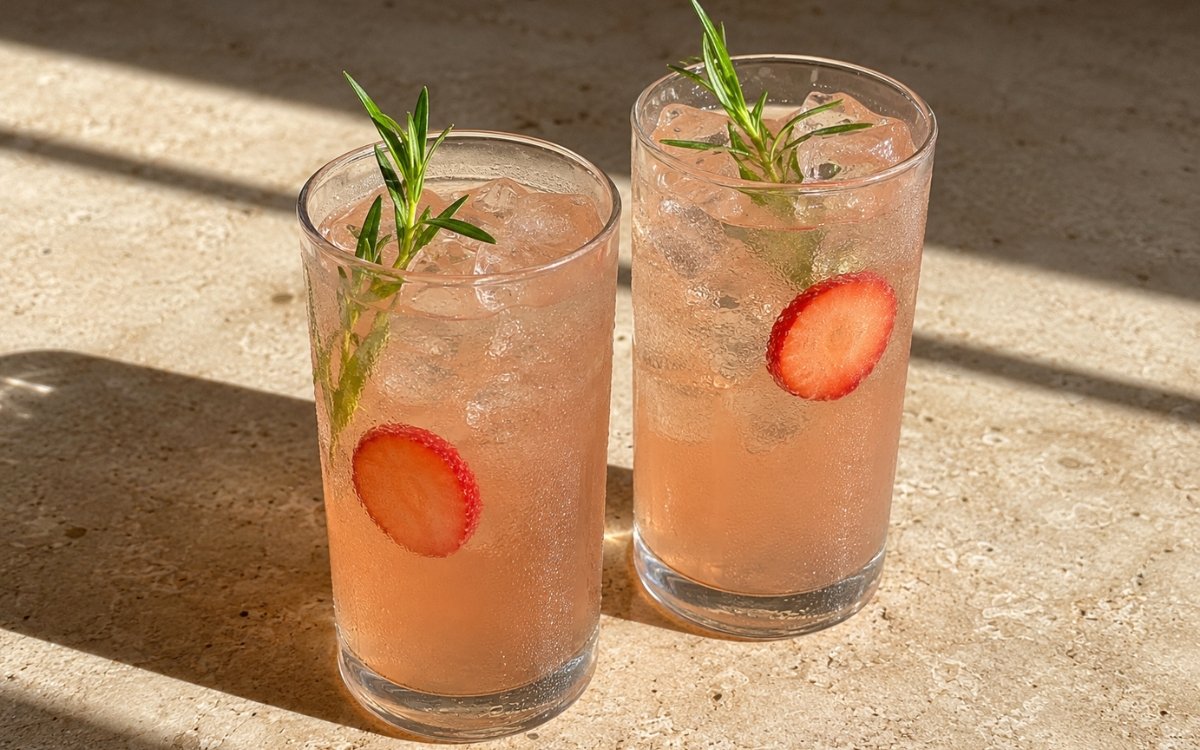 glasses of strawberry tarragon white iced tea with fresh strawberry slices and tarragon sprigs, on marble surface