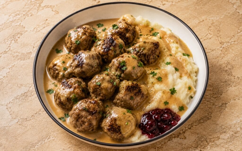 Swedish meatballs in creamy brown gravy over mashed potatoes with a spoonful of lingonberry jam, on marble surface