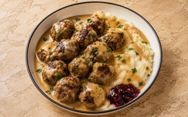 Swedish meatballs in creamy brown gravy over mashed potatoes with a spoonful of lingonberry jam, on marble surface