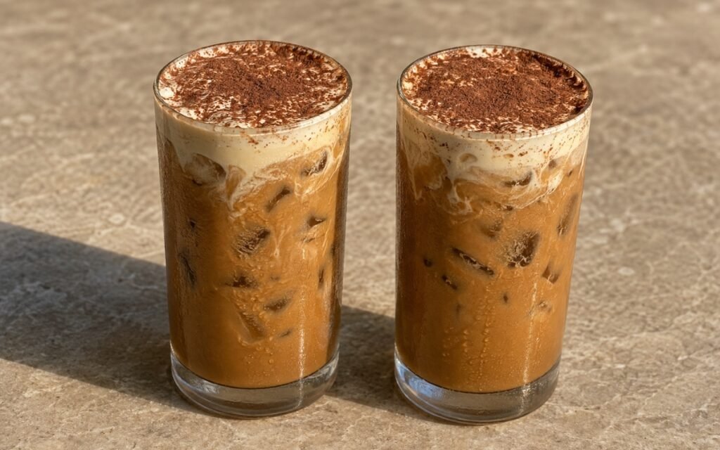 Tiramisu iced latte in a tall glass showing strong iced coffee topped with a soft pale mascarpone cream layer dusted with cocoa powder, on marble surface