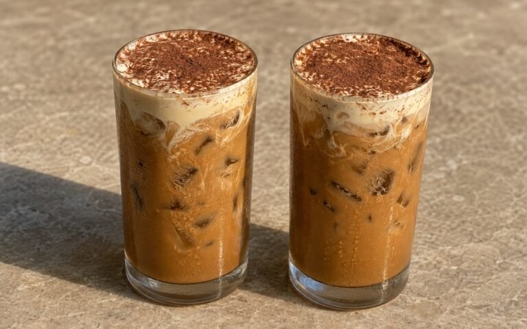 Tiramisu iced latte in a tall glass showing strong iced coffee topped with a soft pale mascarpone cream layer dusted with cocoa powder, on marble surface