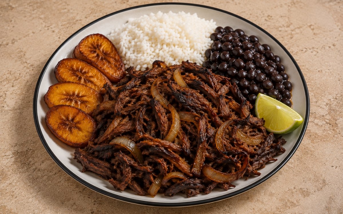 Vaca frita plate showing crispy, caramelized shredded beef with charred edges, served with white rice, black beans, and fried plantains, on marble surface