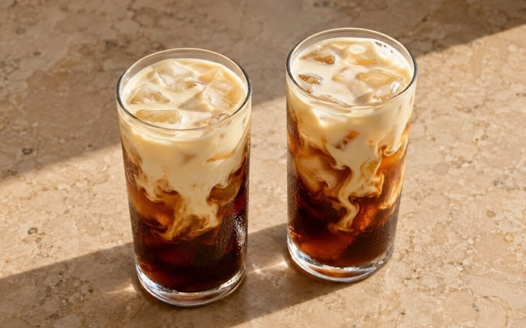 Vanilla sweet cream cold brew in a tall glass showing pale vanilla cream marbling through dark cold brew coffee over ice, on marble surface