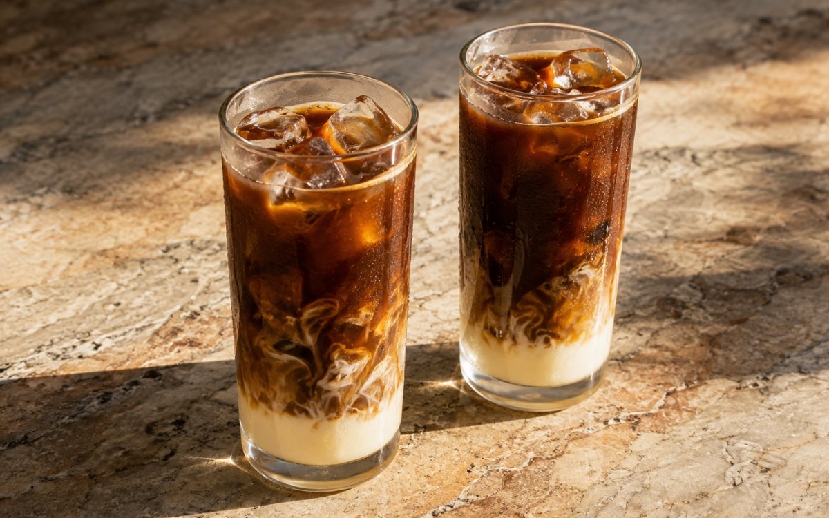 Vietnamese iced coffee in a glass showing dark coffee layered above thick condensed milk at the base, packed with crushed ice, on marble surface