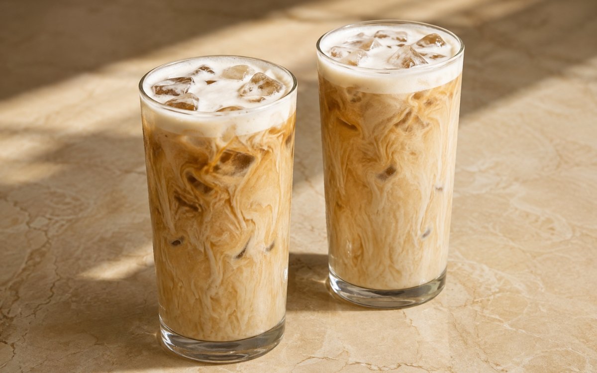 White chocolate iced mocha in a tall glass showing a pale ivory-caramel colour with visible swirl and optional thin white foam on top, on marble surface