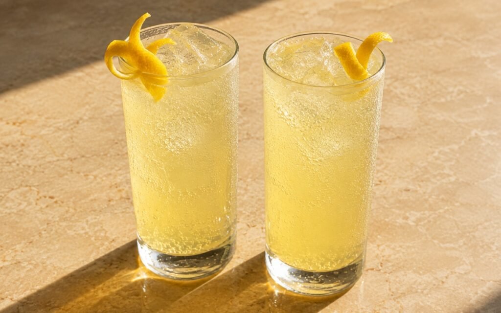 glasses of pale golden yuzu lemonade with fine bubbles and lemon peel twists garnishing the rim, on marble surface