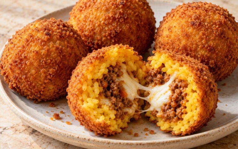 Arancini showing a crisp golden fried shell with saffron rice, savoury meat filling, and stretchy melted mozzarella center, on marble surface