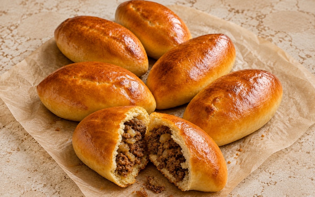 Baked beef piroshki showing soft, glossy golden-brown buns filled with savoury ground beef and onion, on marble surface
