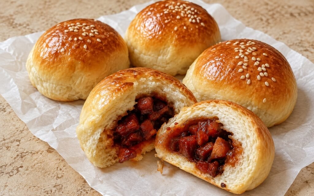 Baked char siu bao showing glossy golden egg-washed buns with sesame seeds, filled with sweet-savory char siu pork, on marble surface