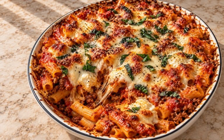 Baked ziti showing distinct pasta tubes in rich meat sauce with creamy ricotta pockets and bubbling browned mozzarella, on marble surface