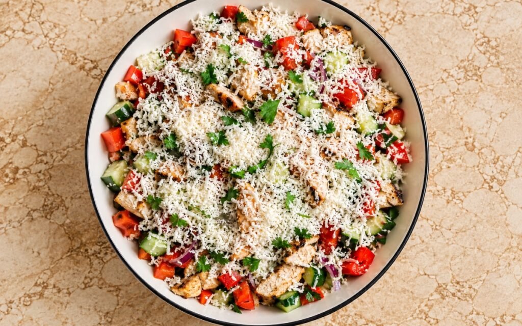 Balkan Shopska chicken salad showing diced tomato, cucumber, roasted red pepper, and grilled chicken covered in finely grated white cheese, on marble surface