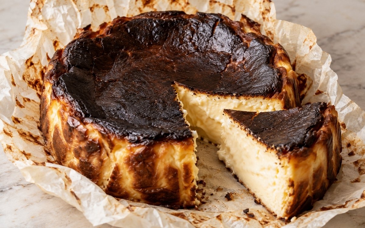 Basque burnt cheesecake showing a deeply burnt near-black top with crinkled parchment edges and a soft, pale custard center, on marble surface