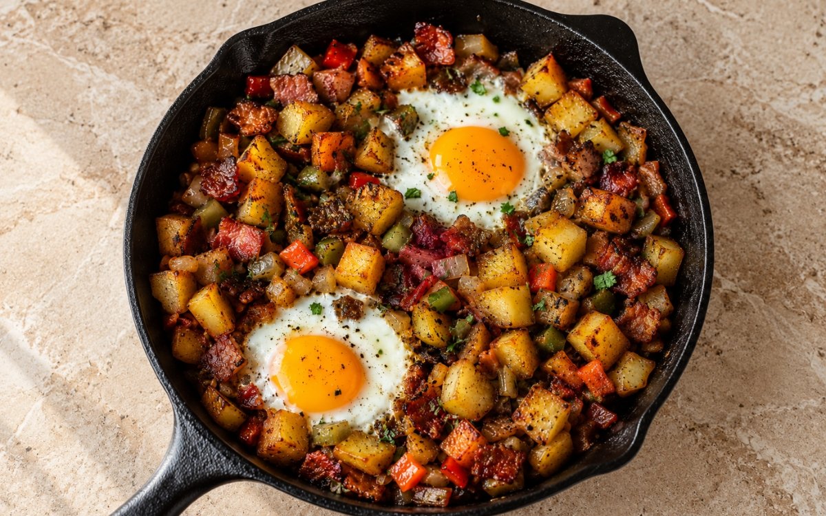 Breakfast hash showing crispy golden potatoes, browned sausage, bacon, peppers, onions, and eggs with runny yolks, in a cast iron skillet, on marble surface