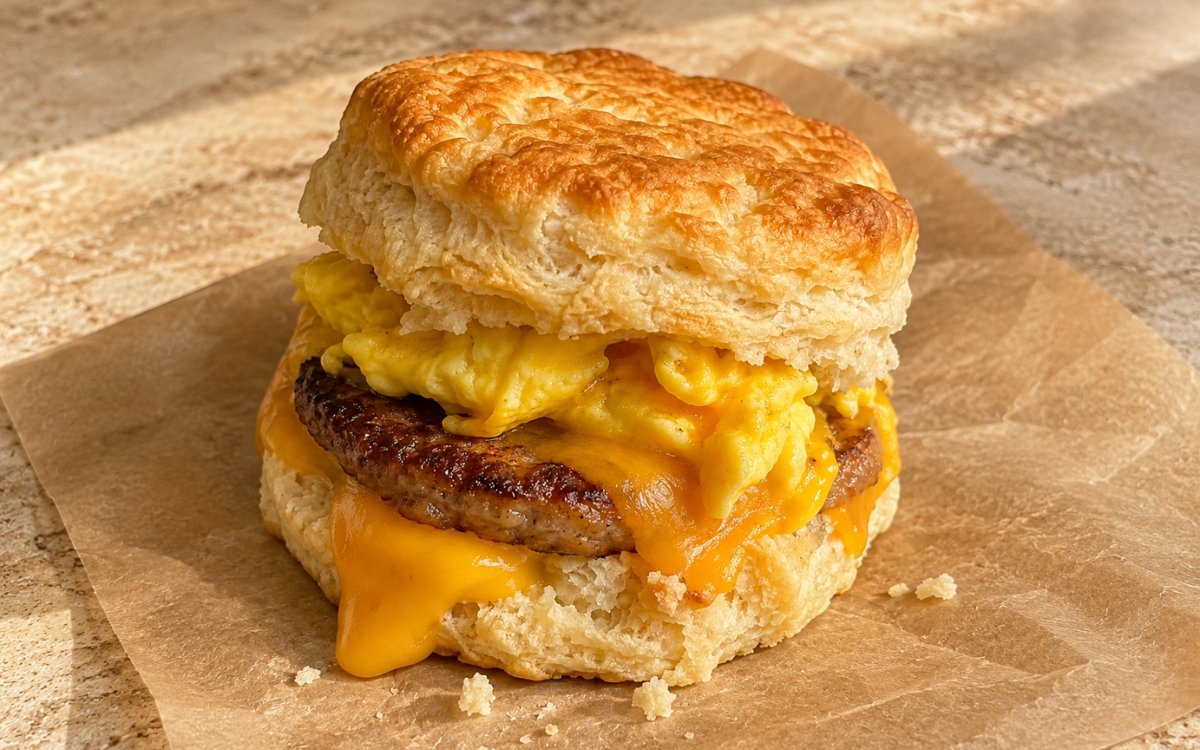 Classic breakfast biscuit sandwich showing a browned sausage patty, soft folded egg, and melted cheese inside a tender buttermilk biscuit, on marble surface