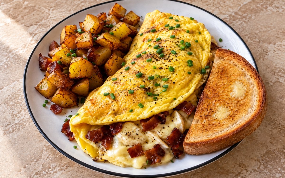 Brie and bacon omelette showing melted Brie flowing from a soft folded omelette, served with golden breakfast potatoes and buttered toast, on marble surface