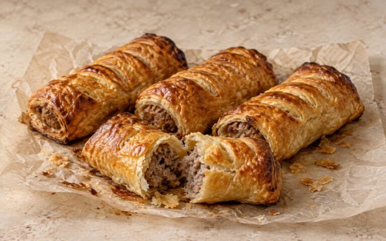 British sausage rolls showing deeply golden, flaky puff pastry with scored tops, served with ketchup and mustard, on marble surface