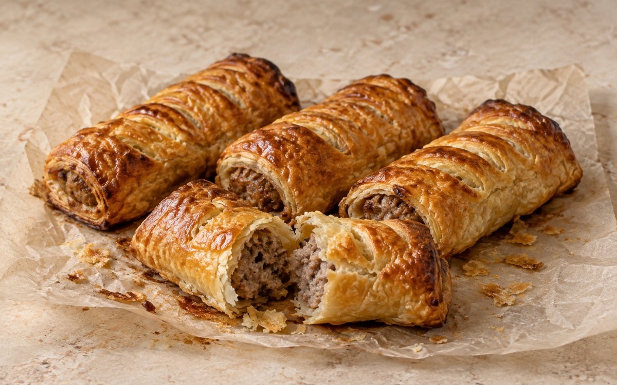 British sausage rolls showing deeply golden, flaky puff pastry with scored tops, served with ketchup and mustard, on marble surface