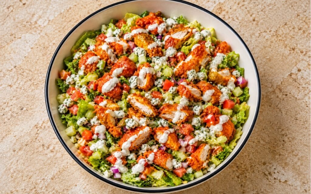 Buffalo chicken chopped salad showing crispy Buffalo chicken pieces over chopped lettuce with celery, tomato, blue cheese, and ranch, on marble surface