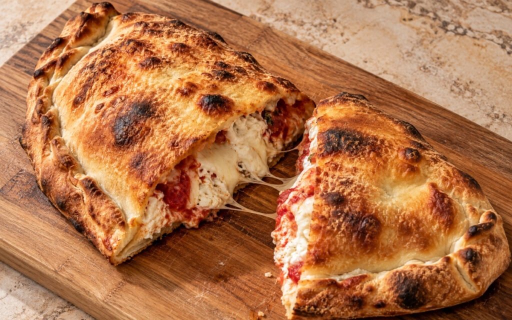 Calzone with ricotta and mozzarella showing a golden, blistered crust with stretchy cheese filling, served with warm tomato sauce, on marble surface