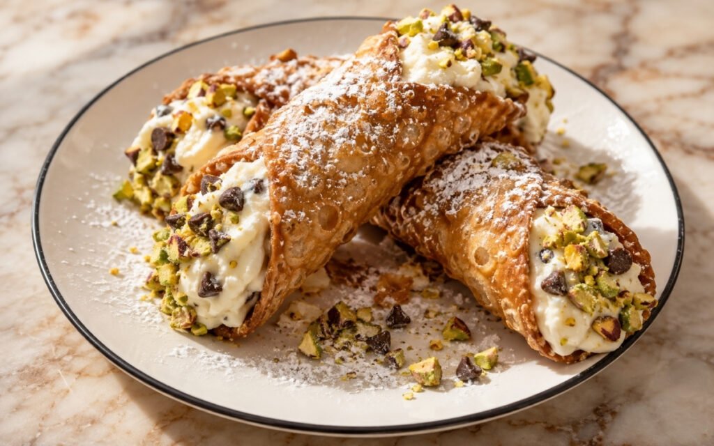 Cannoli showing crisp blistered pastry shells filled with sweetened ricotta cream, finished with chopped pistachios and powdered sugar, on marble surface