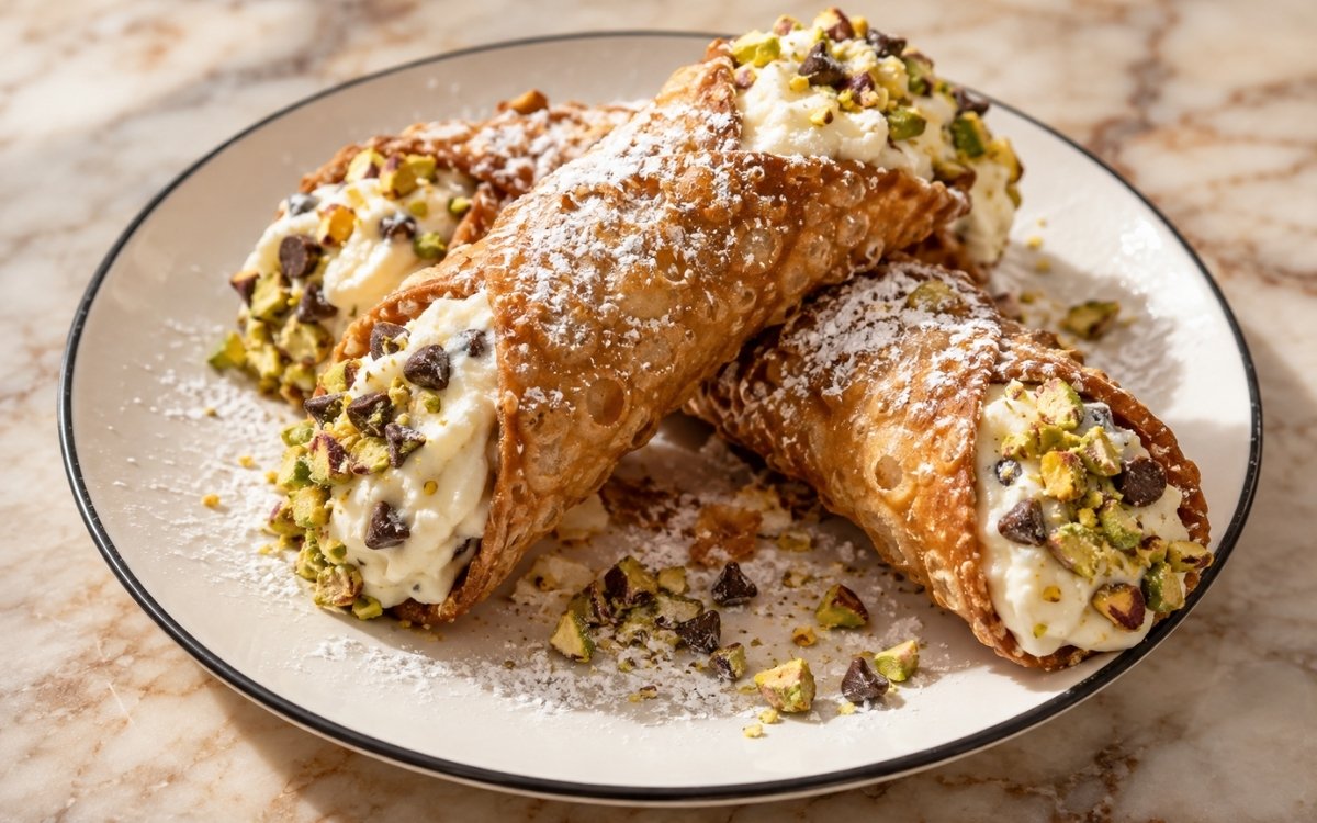 Cannoli showing crisp blistered pastry shells filled with sweetened ricotta cream, finished with chopped pistachios and powdered sugar, on marble surface