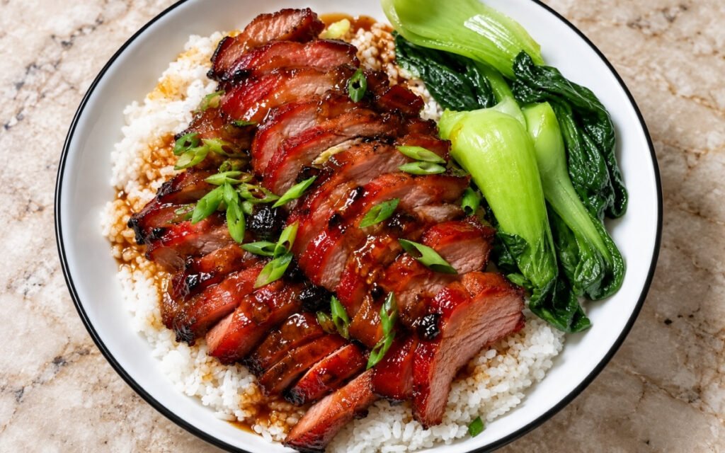 Char siu showing glossy, caramelized sliced Chinese BBQ pork over jasmine rice with blanched bok choy and reduced glaze, on marble surface