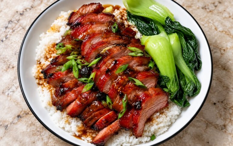 Char siu showing glossy, caramelized sliced Chinese BBQ pork over jasmine rice with blanched bok choy and reduced glaze, on marble surface