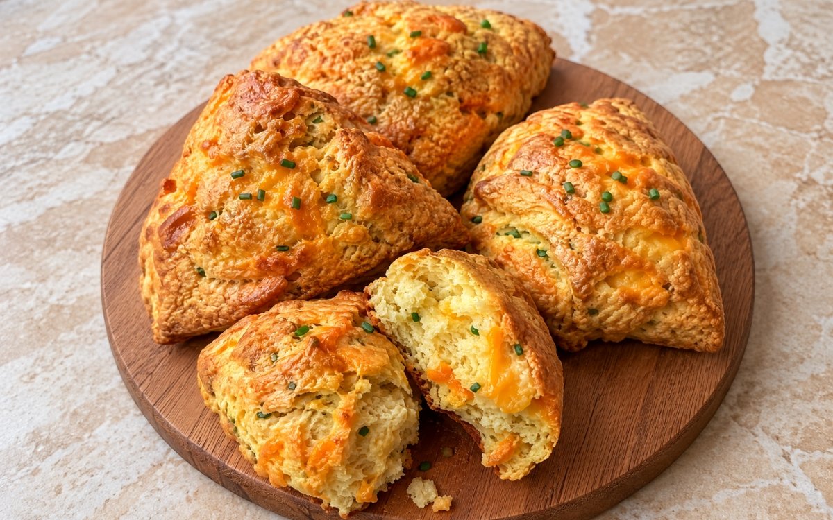 Cheddar chive scones showing golden craggy tops with melted cheddar patches and visible chive flecks, on marble surface