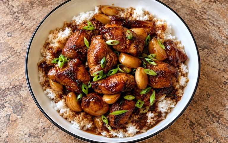 Chicken adobo rice bowl showing glossy, mahogany-dark braised chicken thighs and soft whole garlic cloves spooned over white rice, on marble surface