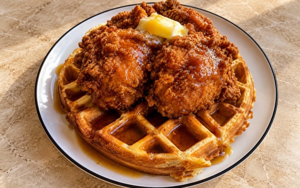 Chicken and waffles showing deeply golden craggy fried chicken thighs over a thick Belgian waffle with melting butter and maple syrup, on marble surface