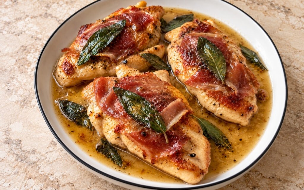 Chicken saltimbocca showing seared chicken cutlets topped with crisp prosciutto and sage in a glossy white wine butter sauce, on marble surface