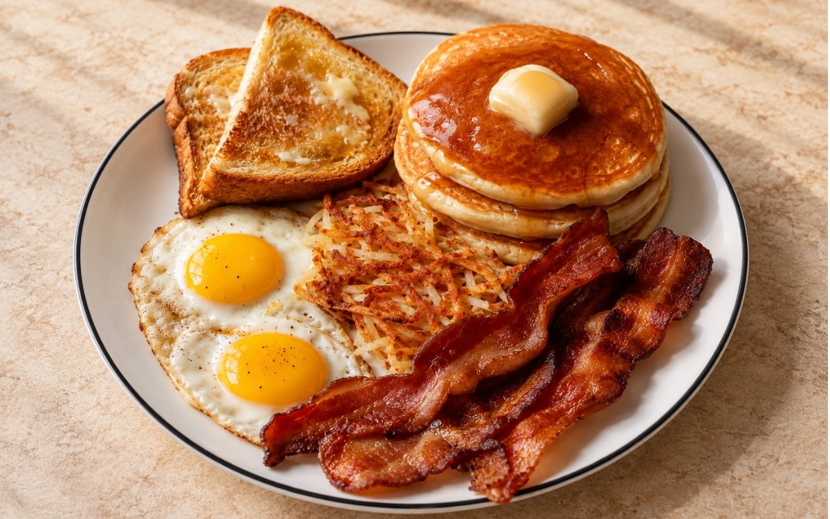 Classic American breakfast plate showing sunny-side-up eggs, crispy bacon, golden hash browns, buttered toast, and a stack of buttermilk pancakes, on marble surface