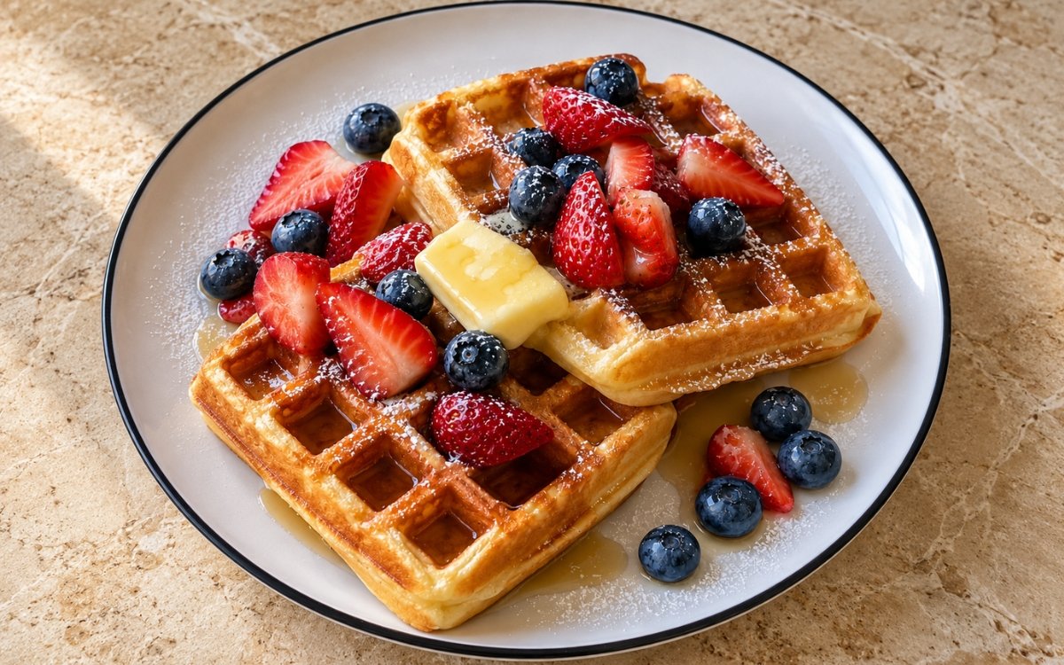 Classic Belgian waffles showing deep golden pockets filled with melting butter and maple syrup, topped with fresh strawberries and blueberries, on marble surface