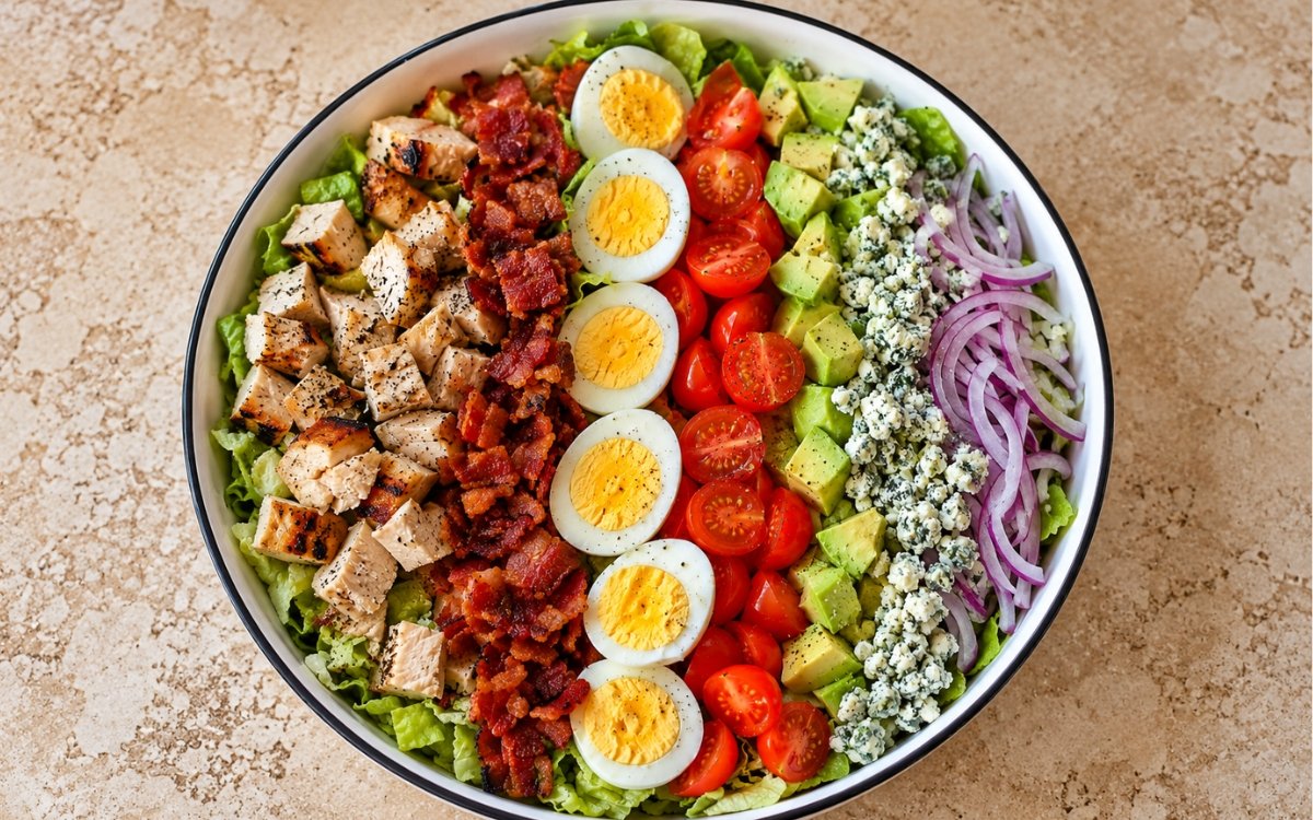 Classic Cobb salad showing neat composed rows of chicken, bacon, eggs, tomatoes, avocado, and blue cheese over chopped lettuce, on marble surface