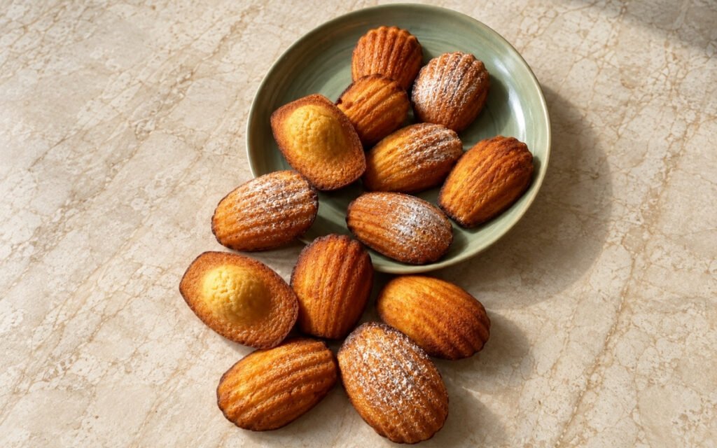 Classic madeleines showing crisp golden-brown ridged shells with the signature raised hump, on marble surface