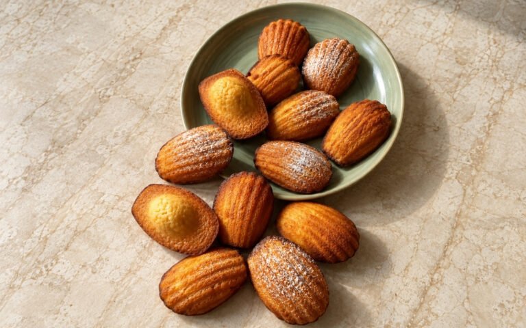 Classic madeleines showing crisp golden-brown ridged shells with the signature raised hump, on marble surface