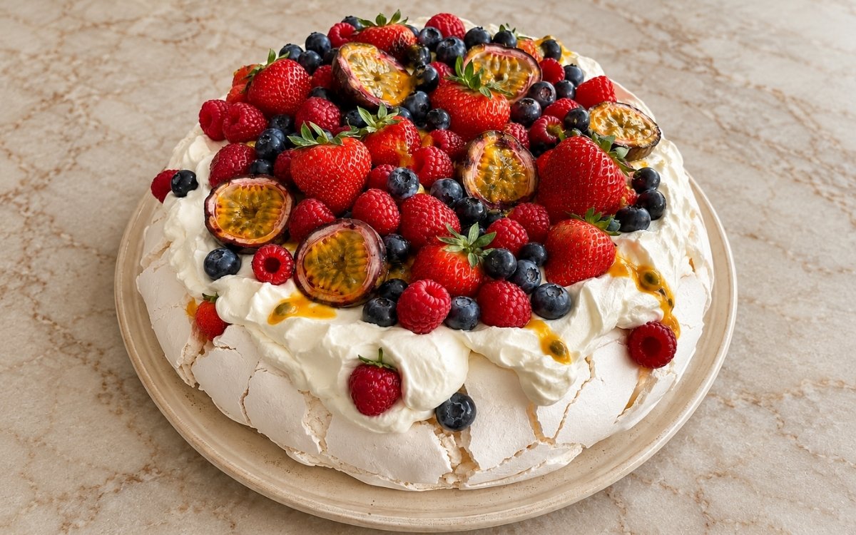 Classic pavlova showing a crisp white meringue shell piled with billowy whipped cream, strawberries, raspberries, blueberries, and passion fruit, on marble surface