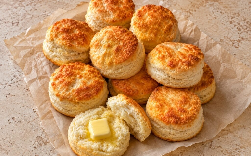 Classic Southern buttermilk biscuits showing tall, flaky layered sides and deeply golden tops, split open with melting butter, on marble surface