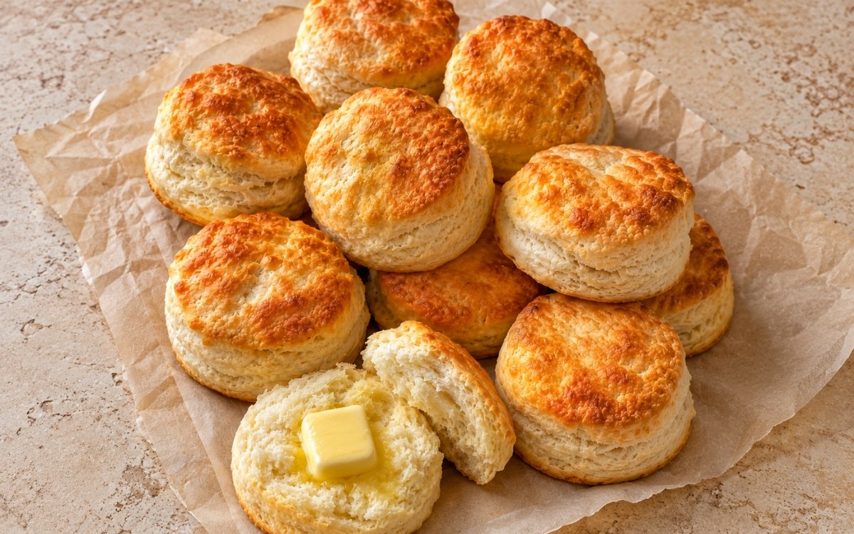 Classic Southern buttermilk biscuits showing tall, flaky layered sides and deeply golden tops, split open with melting butter, on marble surface