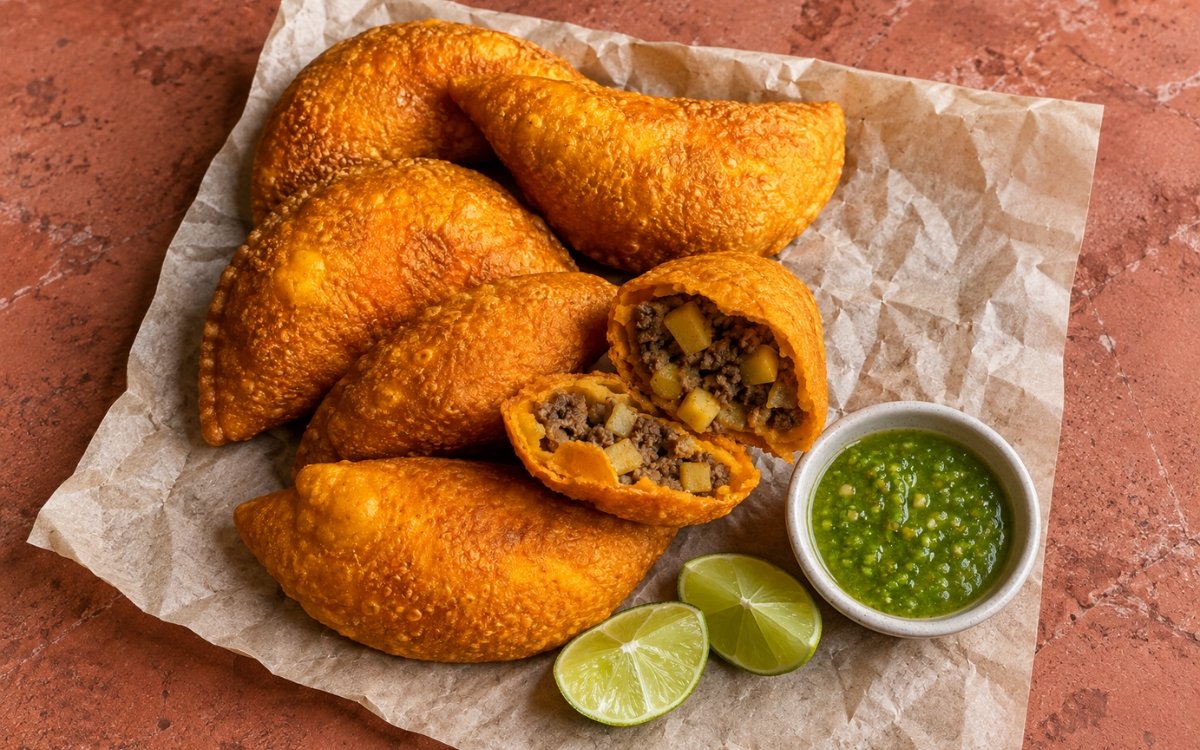 Colombian empanadas showing crisp golden-orange corn masa shells with savory potato-beef filling, served with ají picante and lime wedges, on marble surface