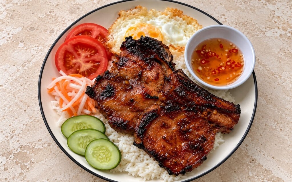 Cơm tấm showing a whole charred grilled lemongrass pork chop over broken rice with fried egg, pickled vegetables, and nước chấm, on marble surface