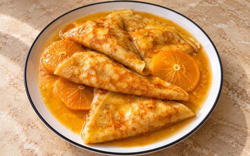 Crêpes Suzette showing folded crêpe triangles coated in glossy orange-butter sauce with fresh orange segments, on marble surface